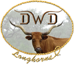 DWD Longhorns logo with head of red twisty-horned Texas Longhorn cow